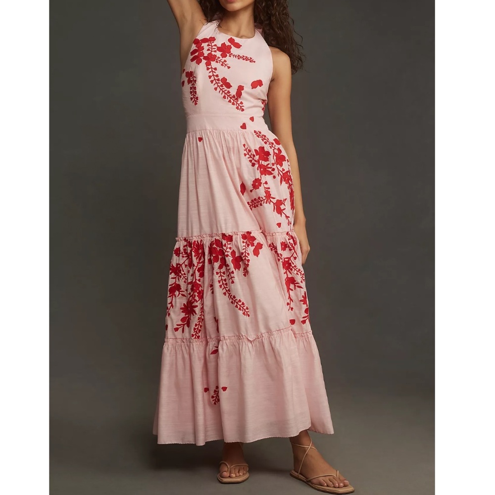 Let Me Be Halter Floral Embroidered Maxi Dress Sz Large